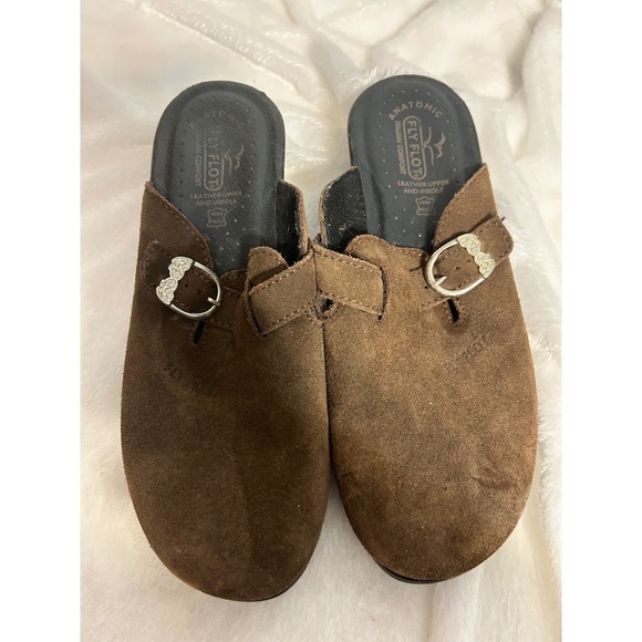 Fly Flot Suede Leather Clogs Comfort Buckle Slides Brown Shoes size 41/9 M - Picture 9 of 9